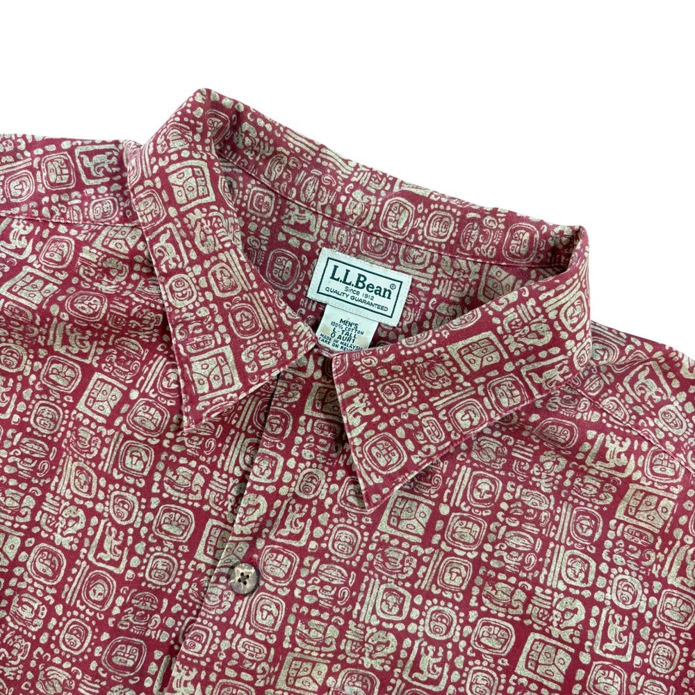 LL Bean Mens Large Tall Red Mayan Aztec Glyph Print Cotton Button Down Shirt